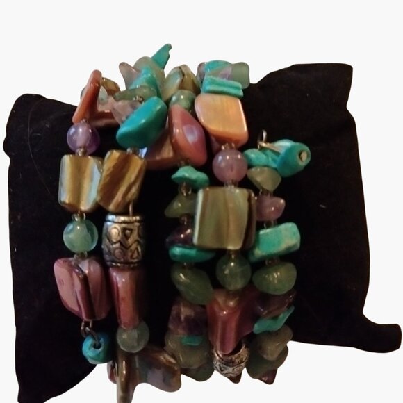 Shell Turquoise Bead Wrap Bracelet Beaded Adjustable Colorful Beachy Coastal - Picture 3 of 6